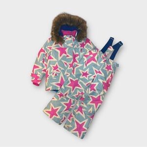 Mini Boden Pink Star Blue Snow Ski Jacket & Bib